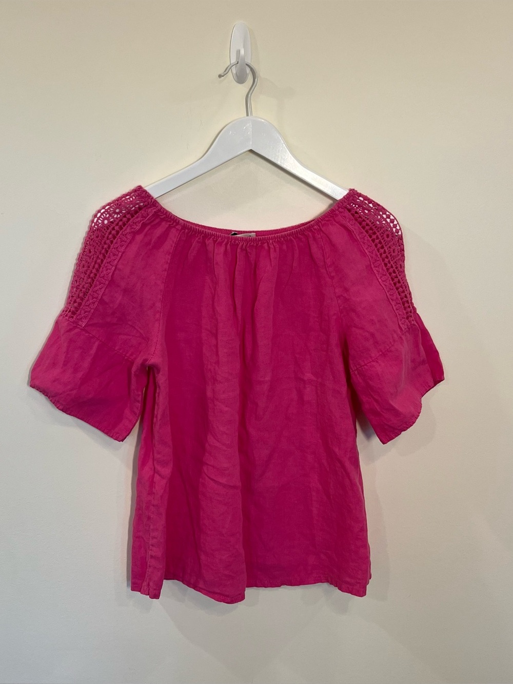 Terzo Millennio 100% Linen Top Womens Small Pink Crochet Sleeves Elastic Neck